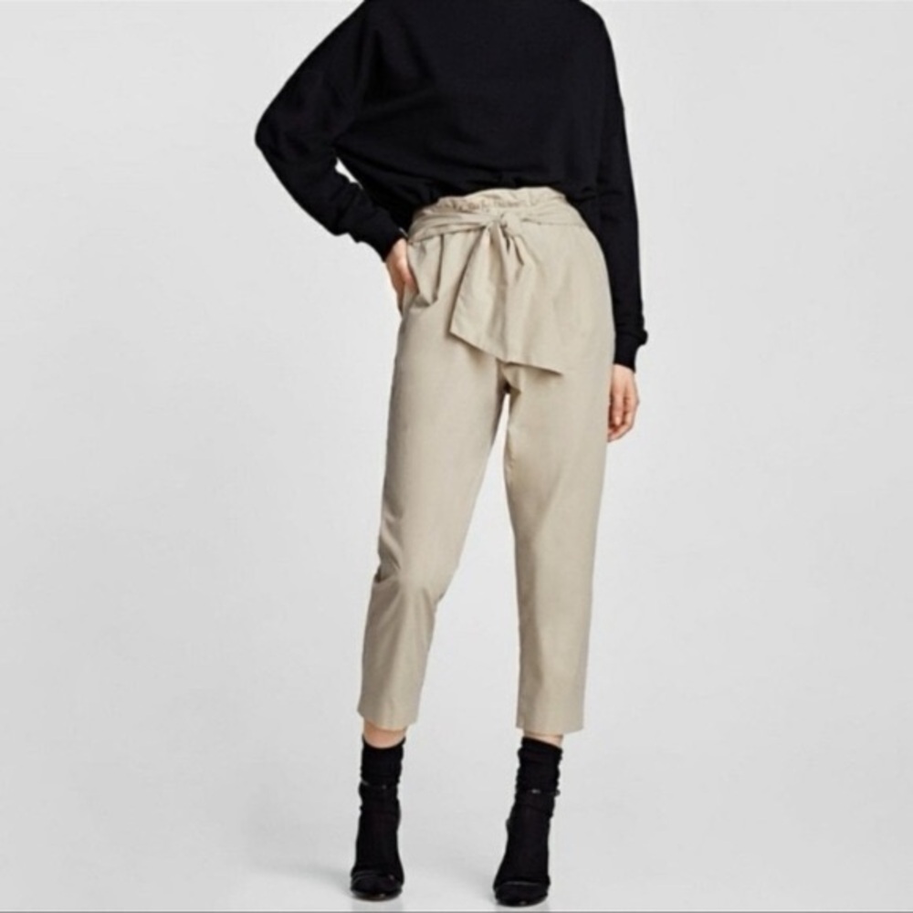 Zara EUC Paper Bag Tie Waist Pants Trousers Size M Beige High Waisted